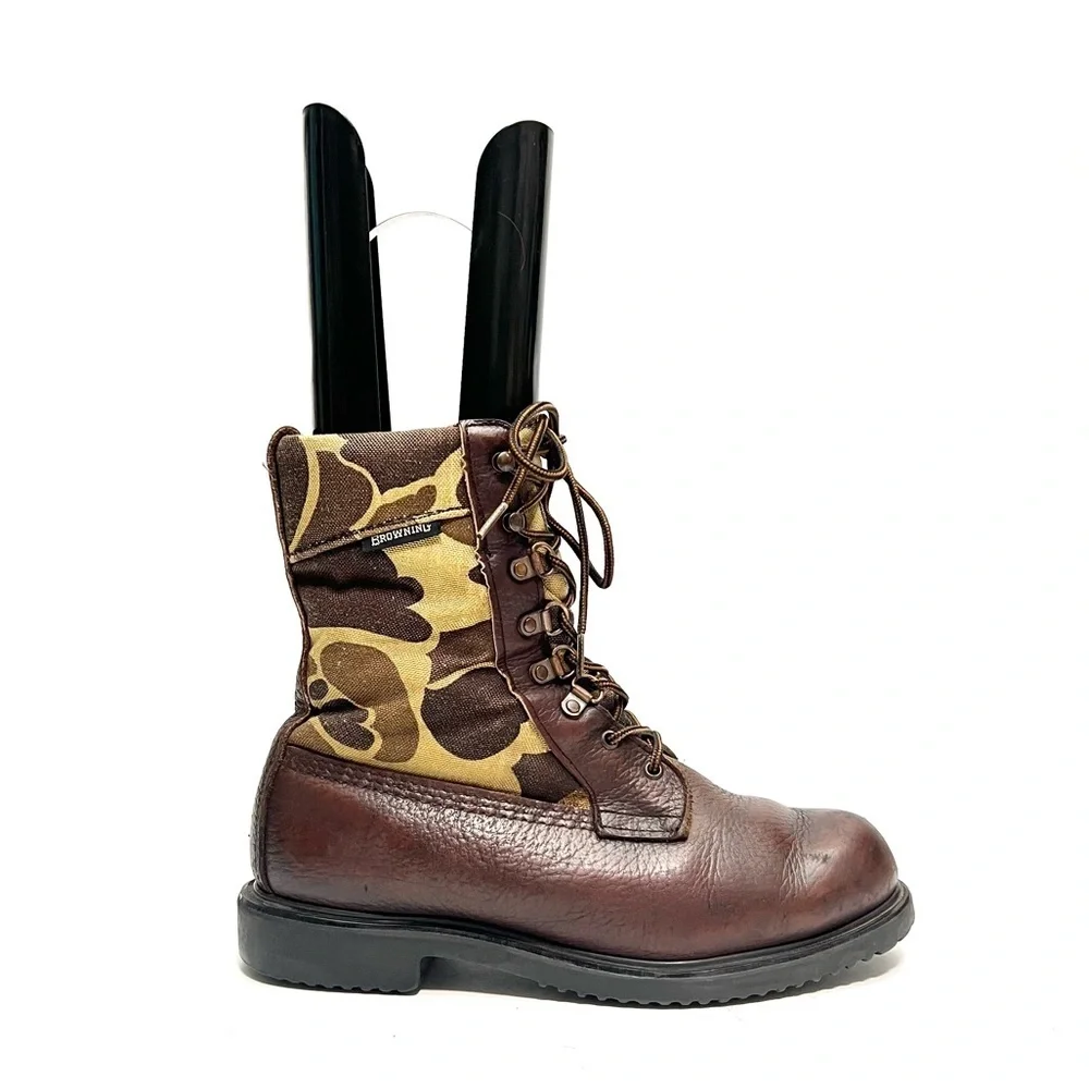 Vintage 1990s mens brown leather camo canvas lace up heavy duty hunting boots